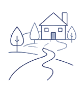 Line illustration of a home along a winding road